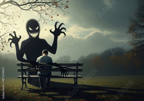 Man sitting on park bench facing giant monster shadow representing mental health anxiety and inner demons