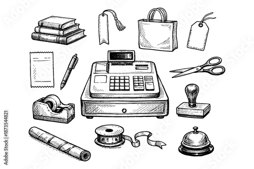 Vintage cash register with shopping and stationery items illustration