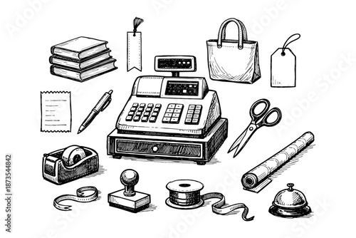 Vintage cash register and assorted office supplies illustration