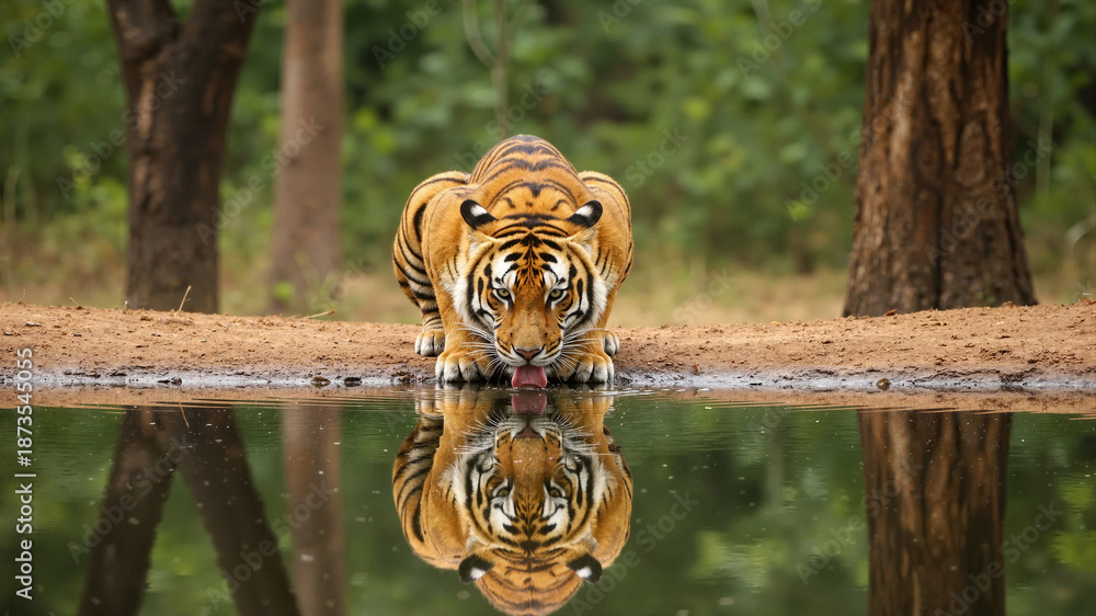 Obraz premium Majestic tiger drinking water from a serene pond in a lush green forest setting