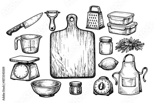 Hand-drawn kitchen utensils set with cutting board and grater