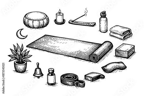 Yoga and meditation essentials collection with tools and accessories in black and white illustration