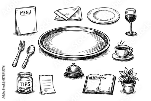 Hand-drawn restaurant elements including plate, menu, wine glass, coffee, and reservation book