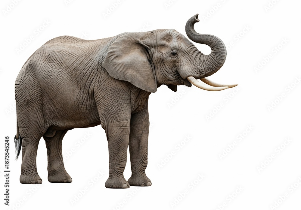 Fototapeta premium Large gray elephant with tusks standing against a white background.
