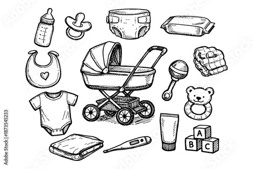 Hand-drawn baby essentials collection featuring stroller, bottle, pacifier, diaper, and more