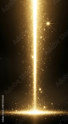 Brilliant golden light beam descends through darkness scattering sparkling particles