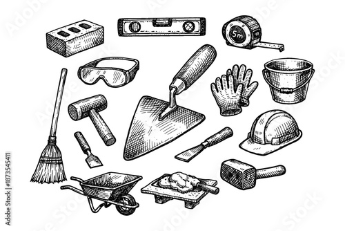 Hand-drawn construction tools: bricklaying equipment illustrations