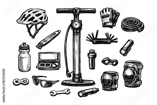 Hand-drawn bicycle gear collection with helmet, pump, tools, and accessories