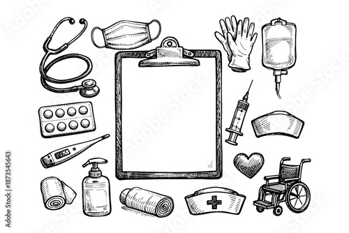Hand-drawn medical equipment collection with stethoscope, syringe, gloves, and wheelchair