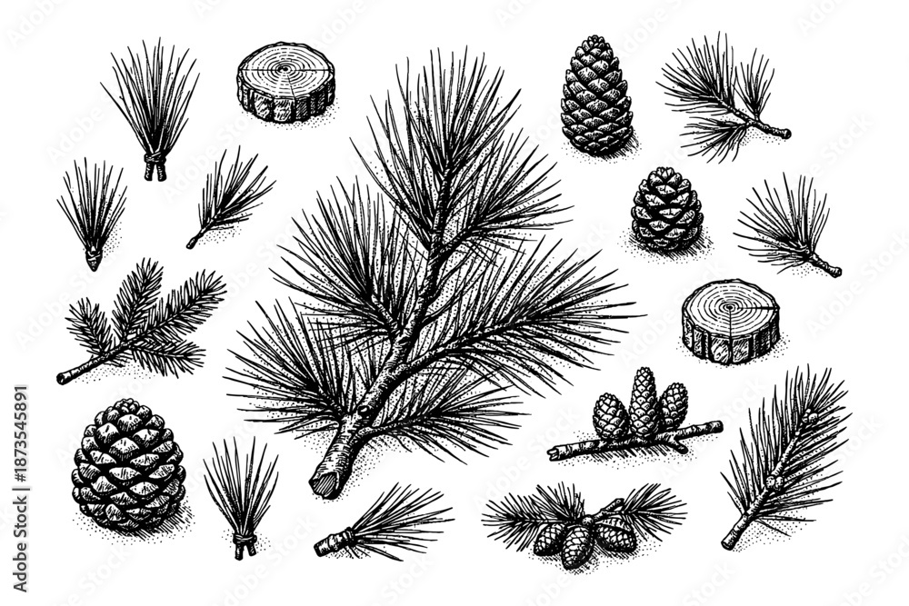 Fototapeta premium Detailed botanical illustration of pine cones, needles, and branches in black and white