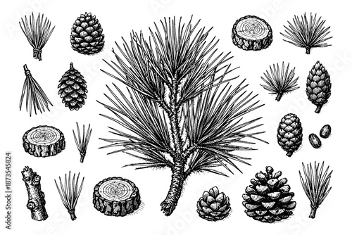 Intricate pine tree illustrations featuring branches, cones, and needles in detailed black and white