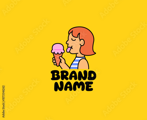 Playful cartoon illustration of a girl licking pink ice cream on a bright yellow background with bold brand name text. Ideal for ice cream shops, dessert branding, summer food logos, and fun merchandi