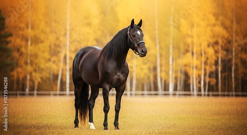 Dark bay horse stands attentively in a sunlit field backed by golden autumn foliage