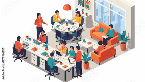 Modern office space with employees working collaboratively.
