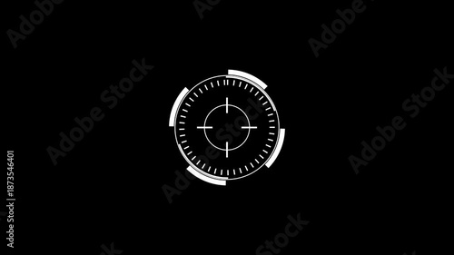 A white circular targeting reticle with crosshairs and segmented outer rings displayed prominently on a solid black background representing a scope or aiming system Keywords: targeting, reticle