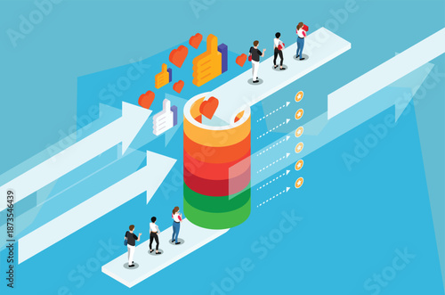 Social media marketing and target audience concept. Isometric funnel infographic of a customer retention strategy