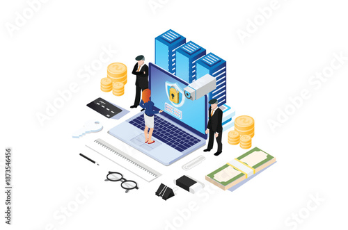 Modern Isometric Online administrator Credit Card, web hosting concept. Hardware protection share infographic. Store safe server. Suitable for Diagrams, Game Asset, And Other asset