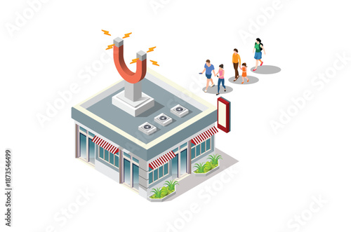 Isometric Customer retention vector concept. Hand with magnet has appeared from the store building attracting people from everywhere.