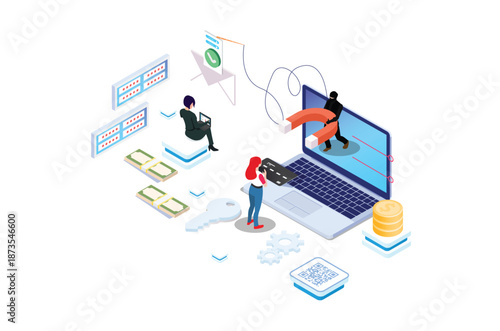 Isometric activity Phishing via internet concept illustration. Email spoofing or fishing messages. Hacking credit card or personal information website. Cyber banking account attack. Online security.