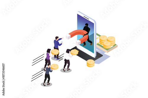 Isometric People giving money to thief, cyber criminal from mobile phone attracting cash with magnet,Credit card fraud, cyber crime, financial fraud.