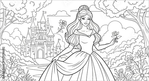 A beautiful princess in a ball gown standing in front of a fairy tale castle with a flower in her hand in a garden with trees and bushes line art illustration