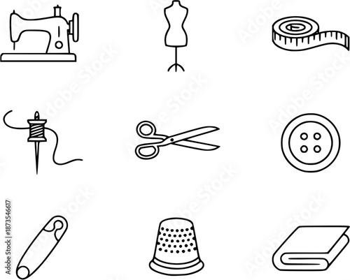 Various sewing tools and accessories illustrated in a grid pattern on a white background