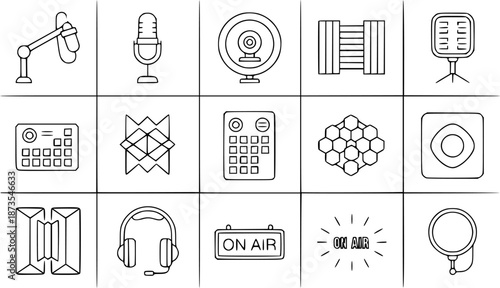 A collection of simple line icons representing various broadcasting equipment and technology