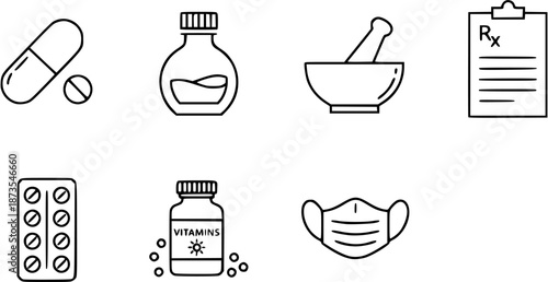 Medical icons and symbols representing health and medicine in a clean and simple design