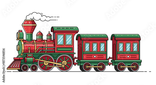 Vintage red and green steam train with three cars illustration locomotive with smoke coming out nostalgic transportation railroad vehicle toy train graphic