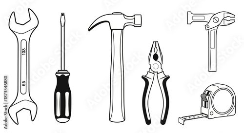 Collection of assorted hand tools including wrench screwdriver hammer pliers and tape measure on white background essential equipment for diy projects and home repair