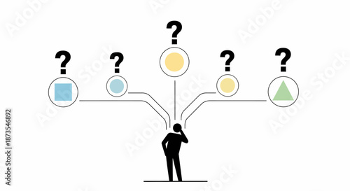A man in a suit stands contemplating with question marks and various shapes surrounding him in a flowchart style illustration with man in suit