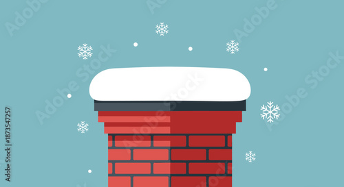 Snowy winter scene with red brick chimney and falling snowflakes on blue background festive holiday illustration with seasonal and graphic and vector