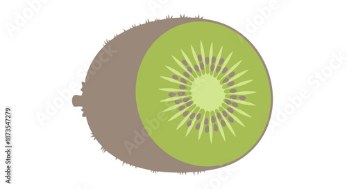 A vibrant green kiwi fruit cut in half showcasing its fuzzy brown skin and juicy interior with purple seeds on a white background with healthy