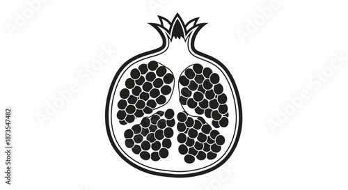 Detailed illustration of a pomegranate cut in half showing seeds and arils black and white graphic design element with pomegranate seeds and pomegranate arils