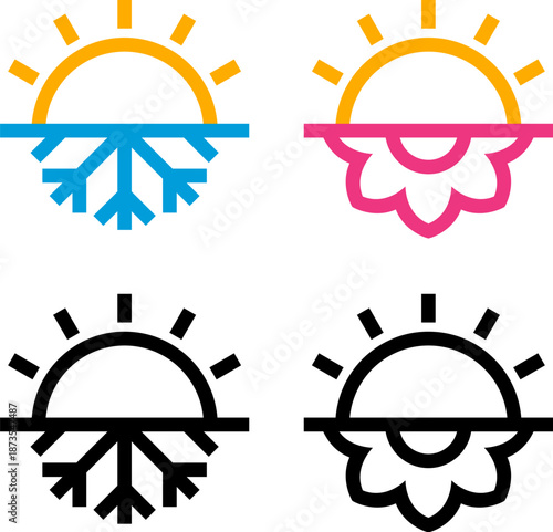 Summer and winter solstice or equinox symbol. Half sun, half snowflake for winter, flower for summer solstice. Minimal geometric abstract logo or icon