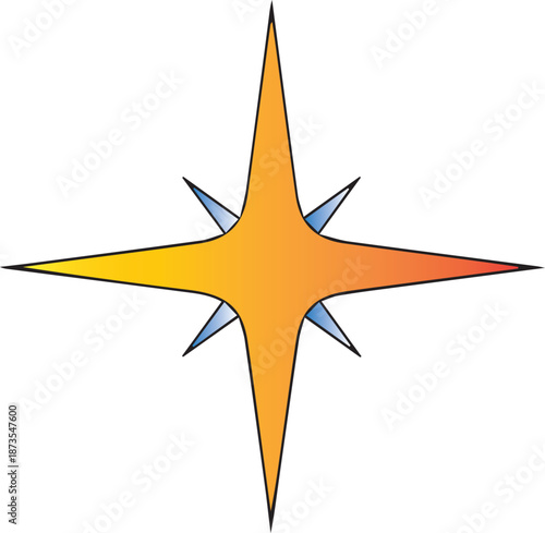 A vibrant flat vector illustration of an eight-pointed star featuring a warm orange and yellow gradient core with subtle blue secondary points, symbolizing light, spark, or excellence.
