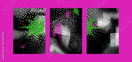Abstract modern digital glitch background set with chaotic green pink white particles pixel dispersion effect grunge texture graphic design illustration for posters banners fashion