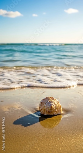 Wallpaper Mural Seashell rests on wet golden sand as ocean waves recede under a bright blue sky Torontodigital.ca
