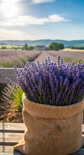 Bunches of vibrant purple blossoms rest in a woven sack set before an expansive blooming field under bright sunlight