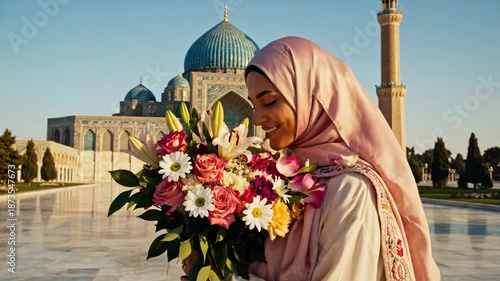 Woman in hijab holding flowers mosque.