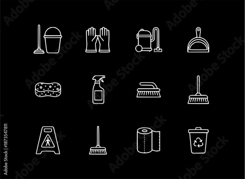 A collection of cleaning icons displayed on a black background