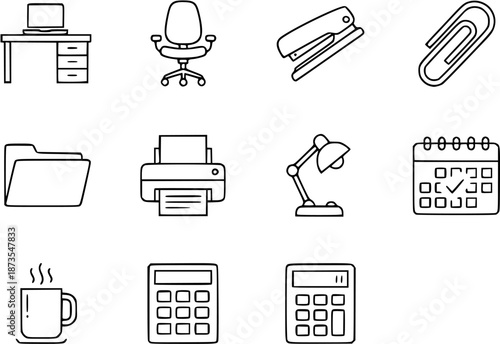 A neatly arranged office workspace featuring various office supplies and equipment from a top-down viewpoint