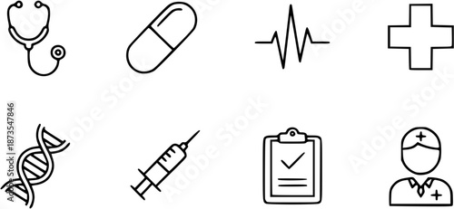 Medical Icons Representing Healthcare and Medicine in a Simple Line Art Style