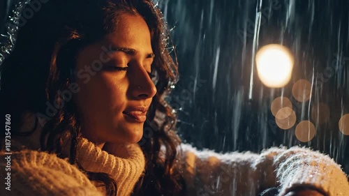Woman in rain with street light.