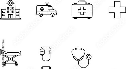 Medical icons representing healthcare and emergency services in a simple line art style