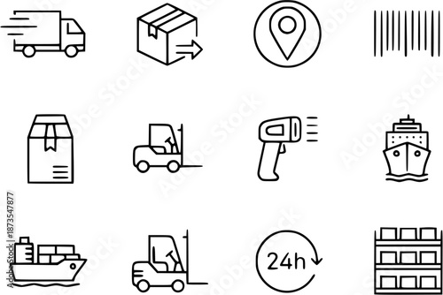 Logistics and shipping icons representing various transportation modes and services