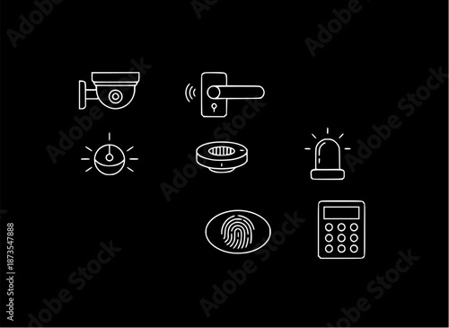 A collection of security icons displayed on a dark background including camera, doorbell, light, alarm, and keypad