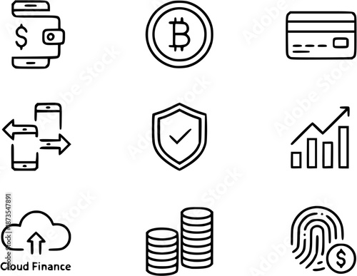 Financial transactions and security measures represented through various icons and symbols in a digital landscape viewed from a straightforward perspective.