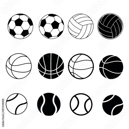 Collection of black and white sports ball icons Keywords: sports balls, icon, illustration, black