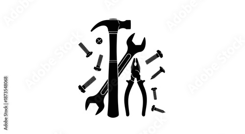 Black silhouette illustration of various hand tools and screws on white background for design and decoration with hardware and equipment and icon